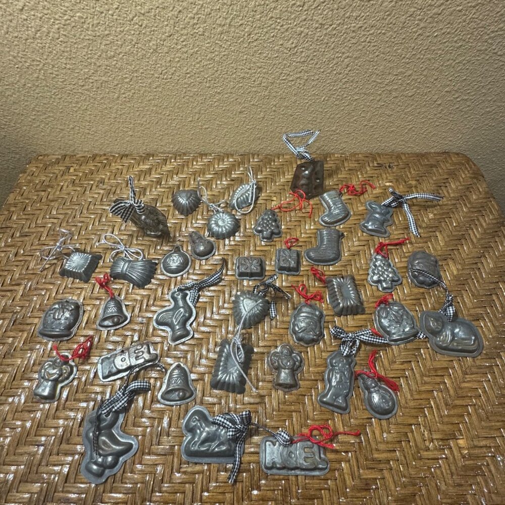 Vintage Pewter Christmas Ornaments Set Of 36 - Assorted Designs